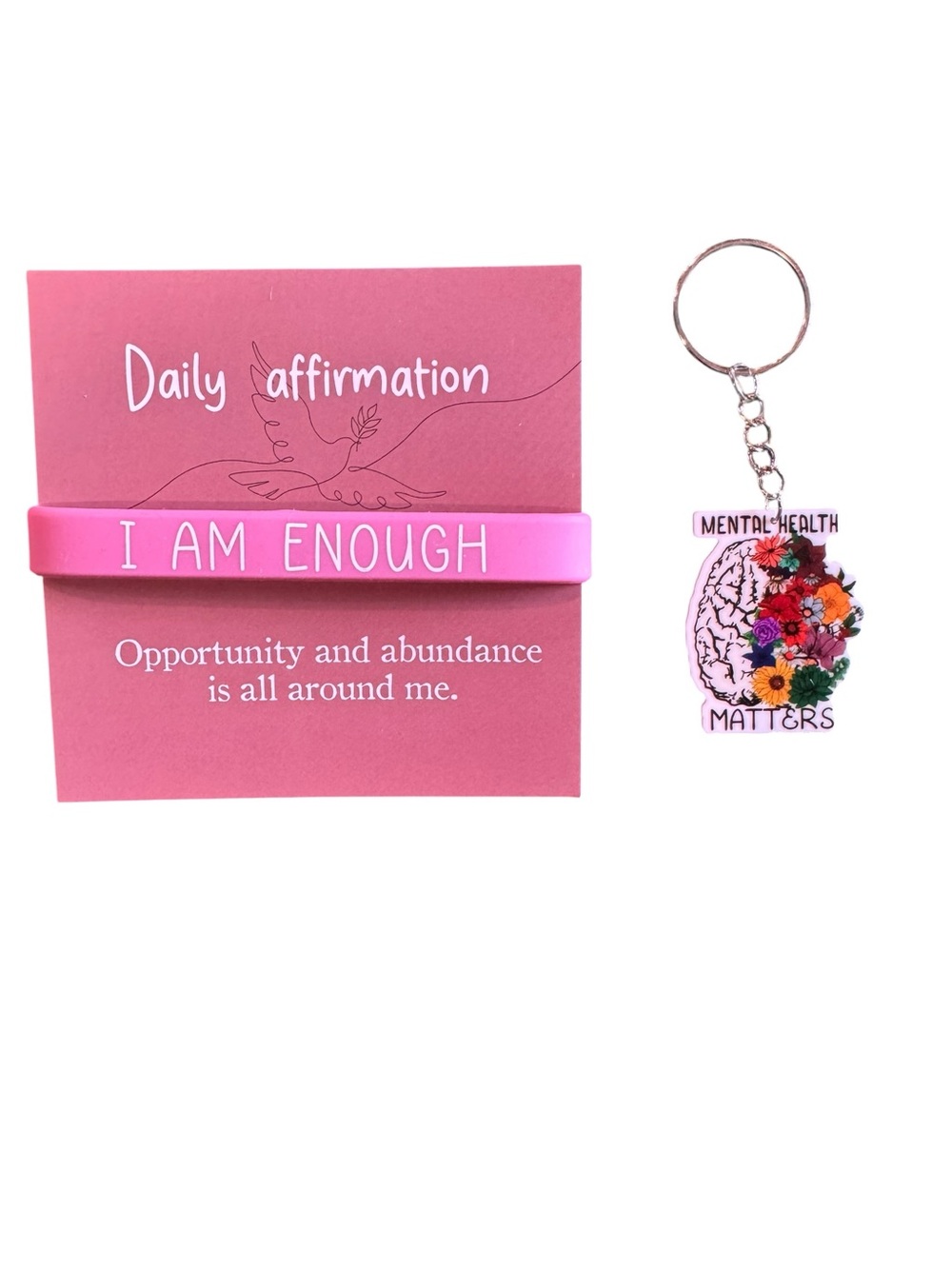 Daily Affirmation "I Am Enough" Pink Wristband with Mental Health Keychain